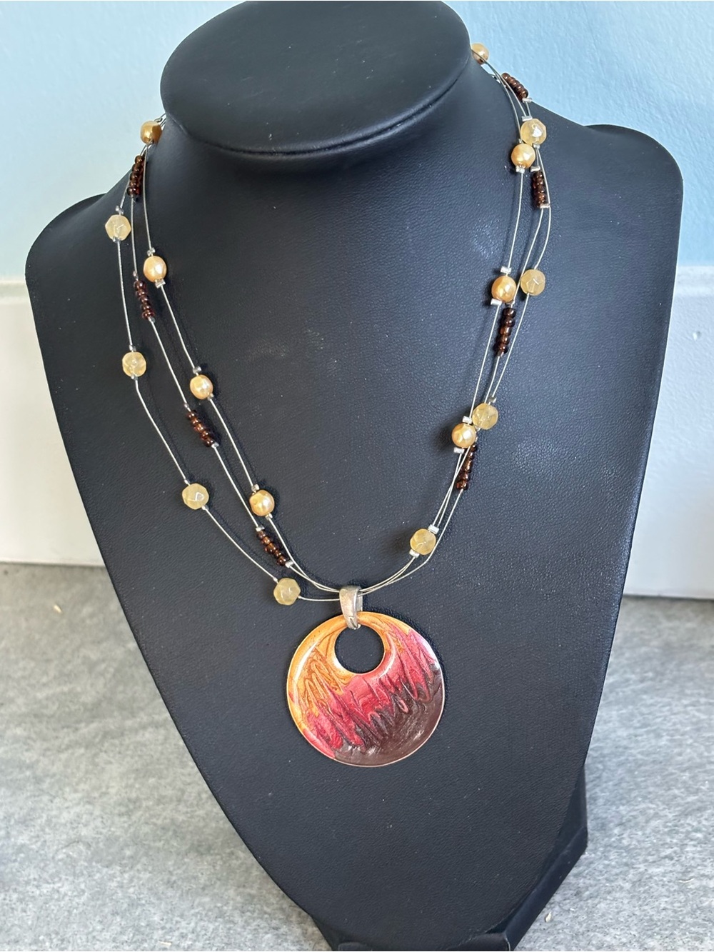 Multicolor Sunset Disc Pendant Necklace with Gold Bead Accents